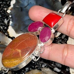 Huge Maligano Jasper, Chalcedony & Coral Pendant 3”